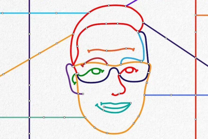 A stylized, multi-coloured illustration of a man's face, wearing glasses, designed to look like a transit or subway map.