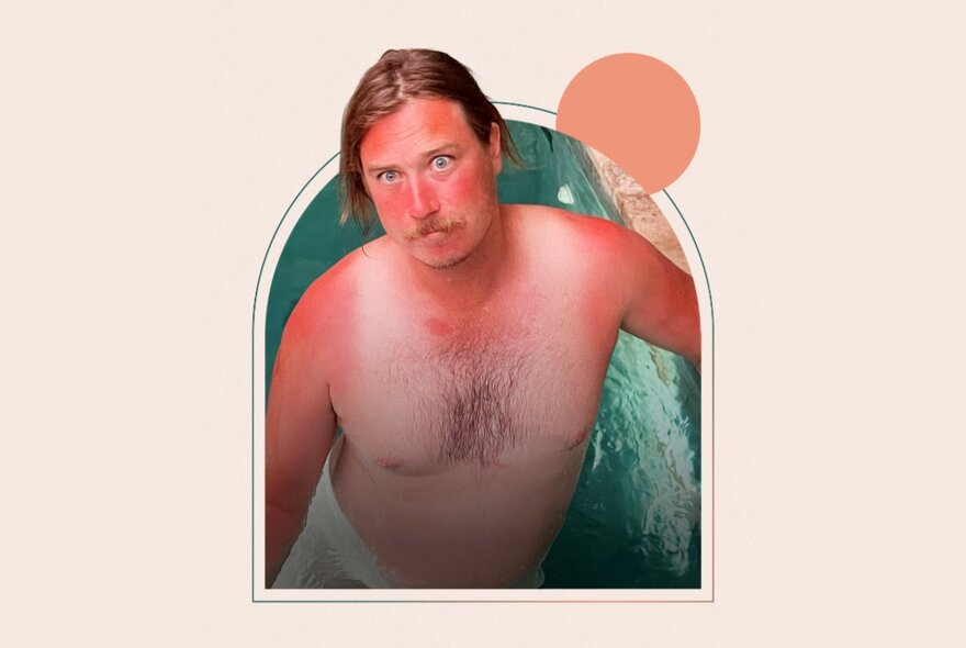 Sunburnt man emerging through window cut-out shape.