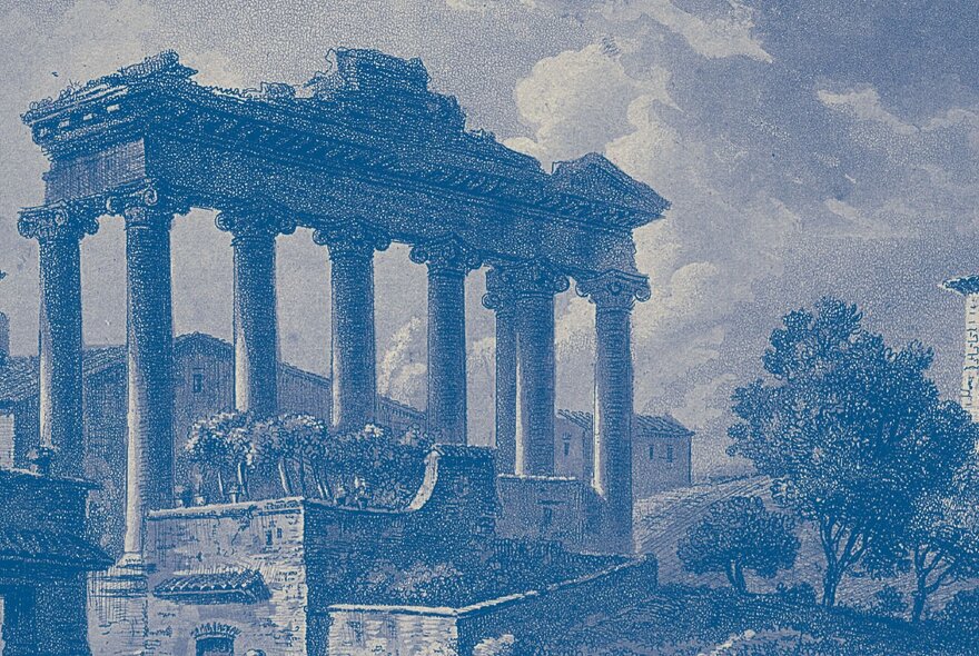 Blue etching of classical Italian ruins with statues, pillars and pediments.