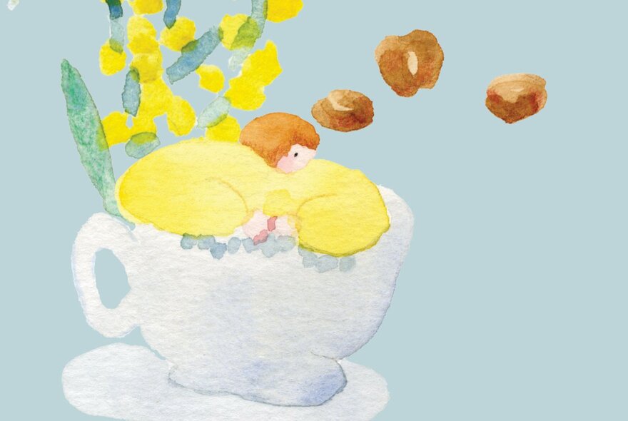 Illustration of a teacup and flowers.
