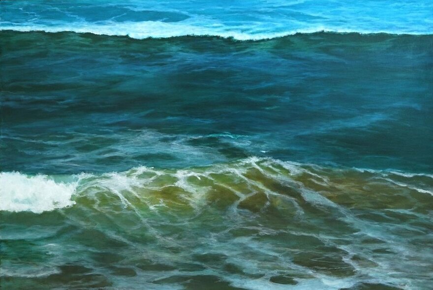 Painting of rolling waves in the ocean, with white foam in the foreground.