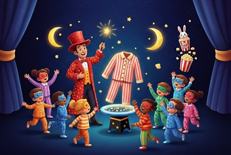 An AI-generated image of a magician in a red top hat, surrounded by dancing kids in eyemasks and pyjamas.