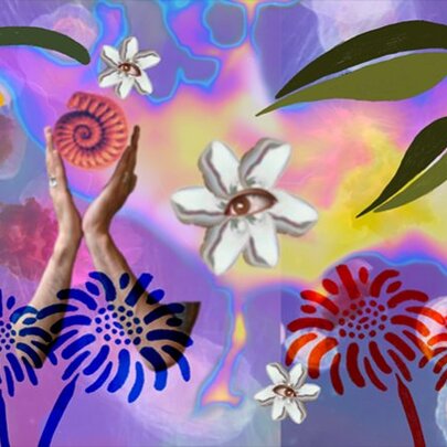 A colourful collage artwork featuring stamps depicting flowers and leaves as well as a white flower with an eye for its centre.