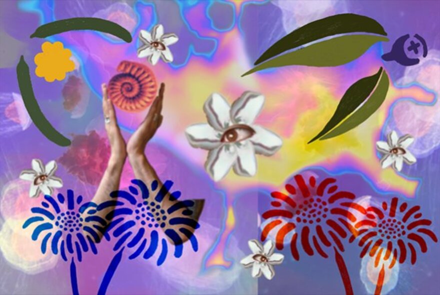 A colourful collage artwork featuring stamps depicting flowers and leaves as well as a white flower with an eye for its centre.