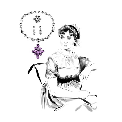 A sketch of Jane Austin with an enlargement of jewellery next to her.