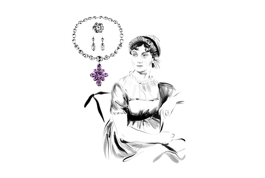 A sketch of Jane Austin with an enlargement of jewellery next to her.
