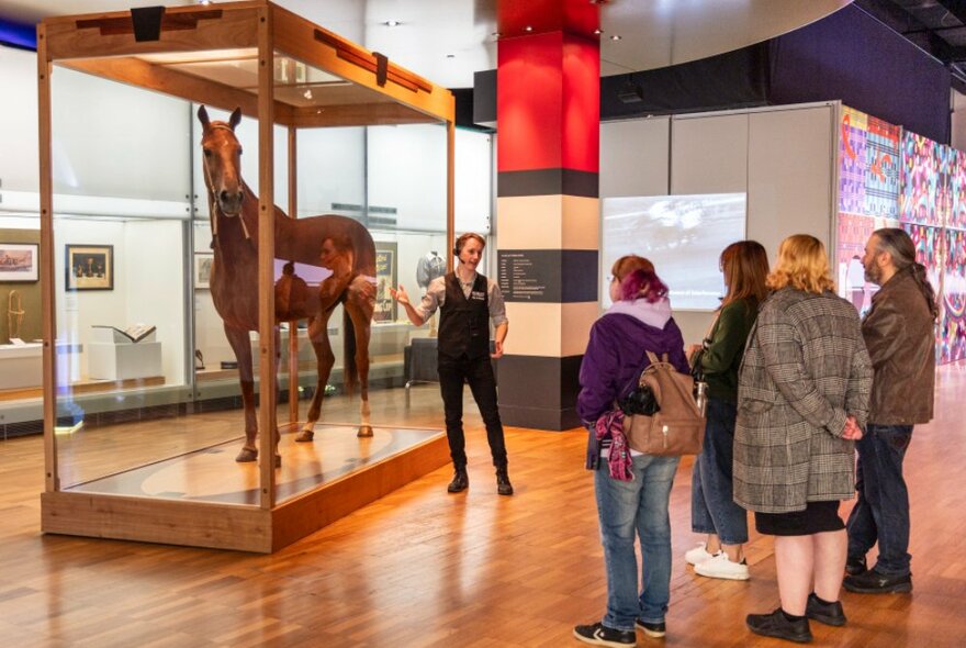 Tour participants listening to a museum guide as he points to Phar Lap, a large chestnut horse in a glass case on display at the Melbourne Museum