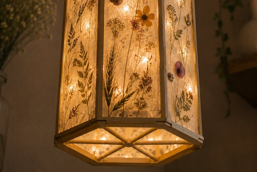 A decorated lampshade featuring homemade paper and pressed flowers wth a warm yellow glow from the LED globe inside. 
