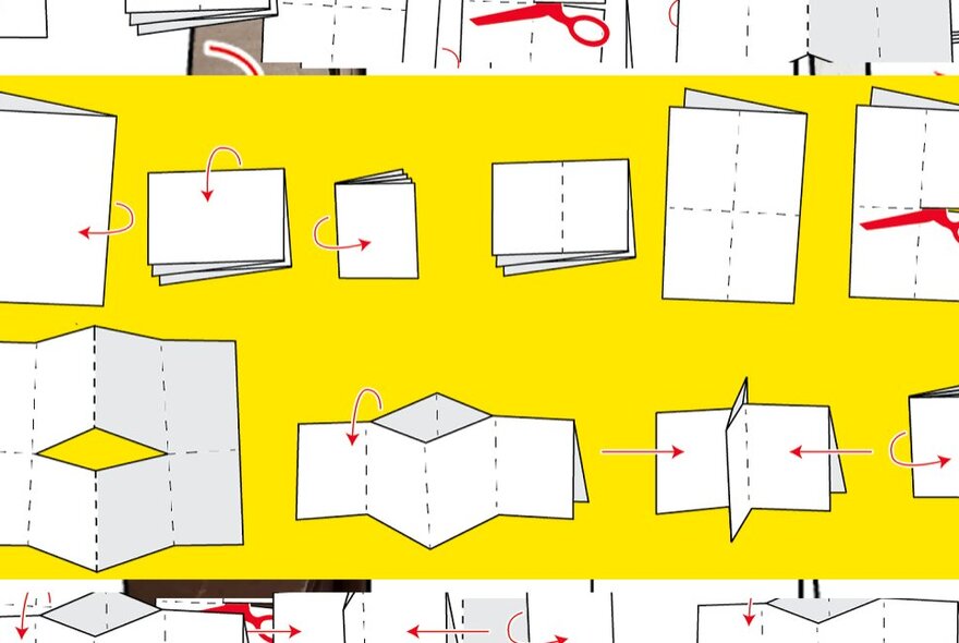 An instructional illustration of zine booklets on a yellow background, showing dotted fold lines and arrows.