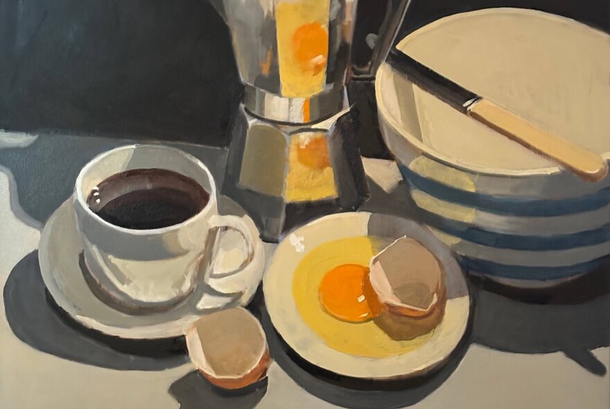 Impressionist oil painting of coffee pot, a cracked egg, cornishware, a coffee cup and knife.