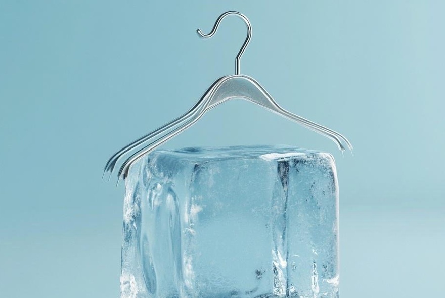 A coat hanger with an ice sheet hanging off it, against a pale blue background.
