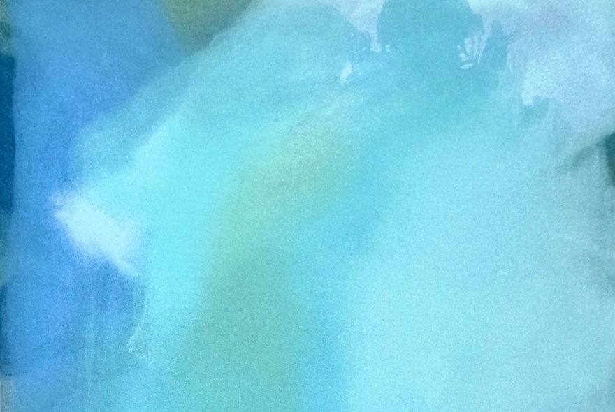 Abstract non-figurative painting in shades of blue.