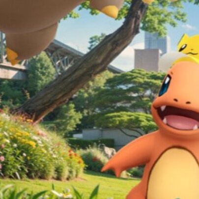 Pokemon figures in a garden setting.