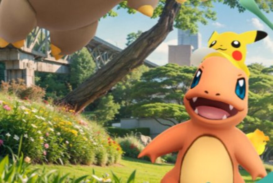 Pokemon figures in a garden setting.