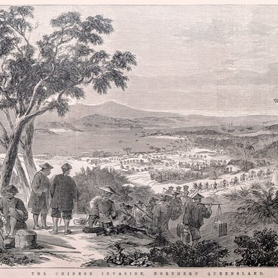 Colonial-era engraving of Chinese men standing under a tree overlooking a mining encampment.