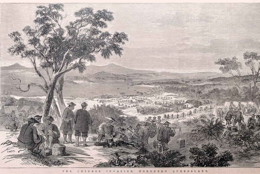Colonial-era engraving of Chinese men standing under a tree overlooking a mining encampment.