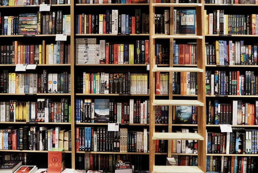 Books on shelves of bookstore.