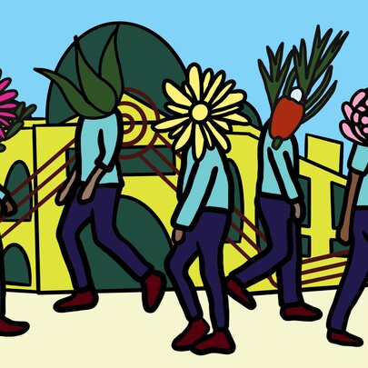 Five stylized figures with plants and flowers instead of heads, walking against a background featuring a yellow building with large dome shapes under a blue sky.