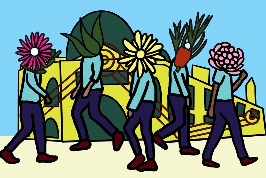 Five stylized figures with plants and flowers instead of heads, walking against a background featuring a yellow building with large dome shapes under a blue sky.