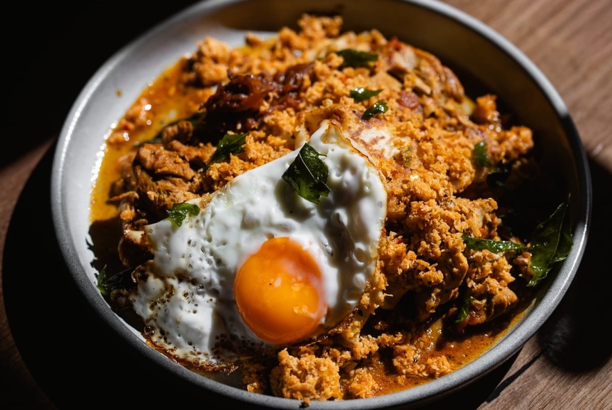 A Sri Lankan rice biryani from Lankan Tucker, with a fried egg on top.