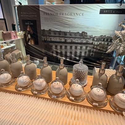Rows of beauty soaps and products on display.