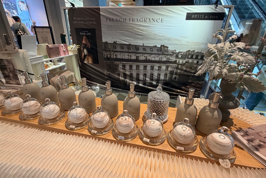Rows of beauty soaps and products on display.