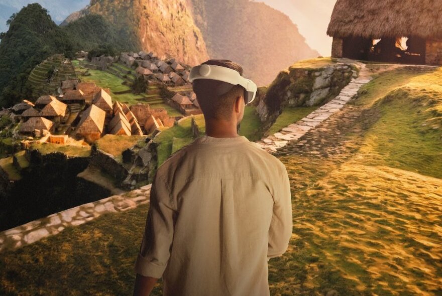 A person wearing a VR headset during the Machu Picchu: Journey to the Lost City virtual reality experience, with a landscape image of hills, low stone walls and a hut behind them.