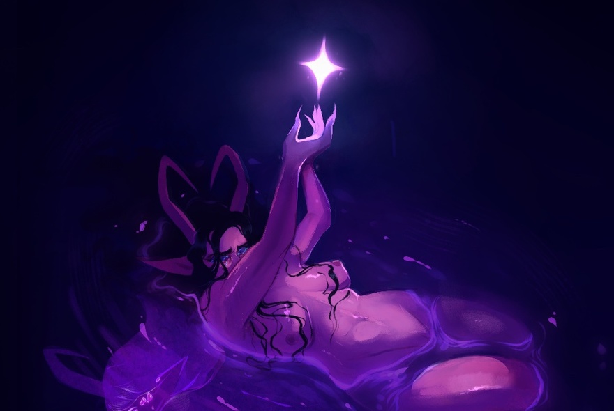 Purple toned artwork of a reclining figure with their arms raised and a bright star-shaped light above them.