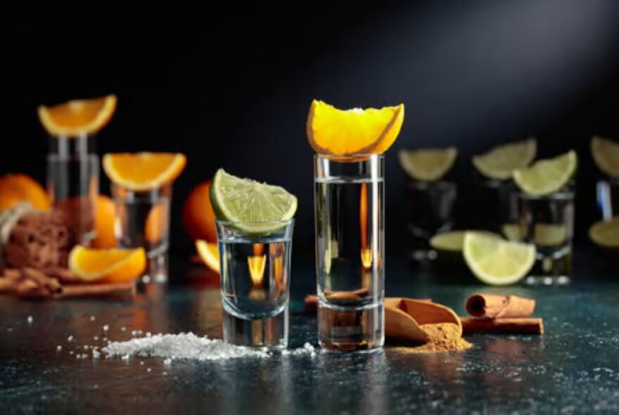 Glasses of tequila on a bench with slices of citrus fruit and a scattering of salt.