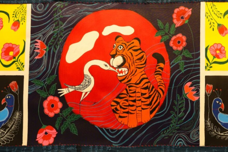 An artwork depicting a heron cleaning a tiger's teeth, in a red circle with red flowers and swirling lines around it.