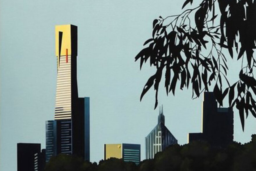 Modern urban landscape painting with silhouettes of city buildings and a tree's foliage.