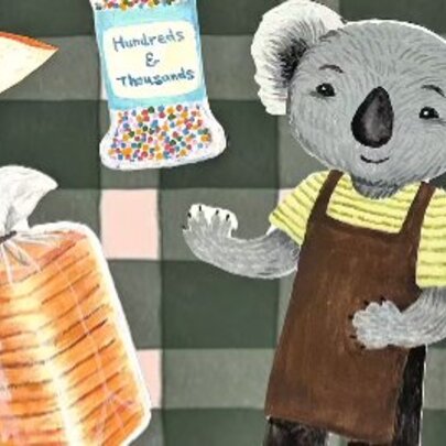 A collage featuring a loaf of bread in a plastic bag, hundreds and thousands and a koala wearing a brown apron.