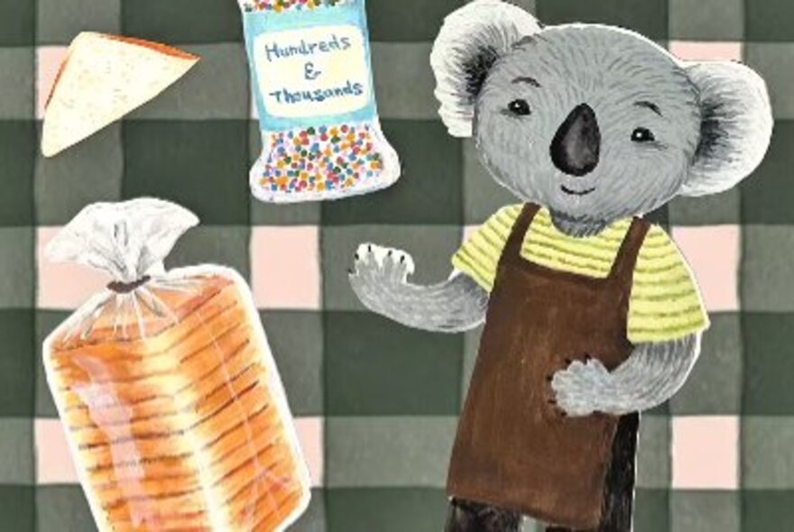 A collage featuring a loaf of bread in a plastic bag, hundreds and thousands and a koala wearing a brown apron.