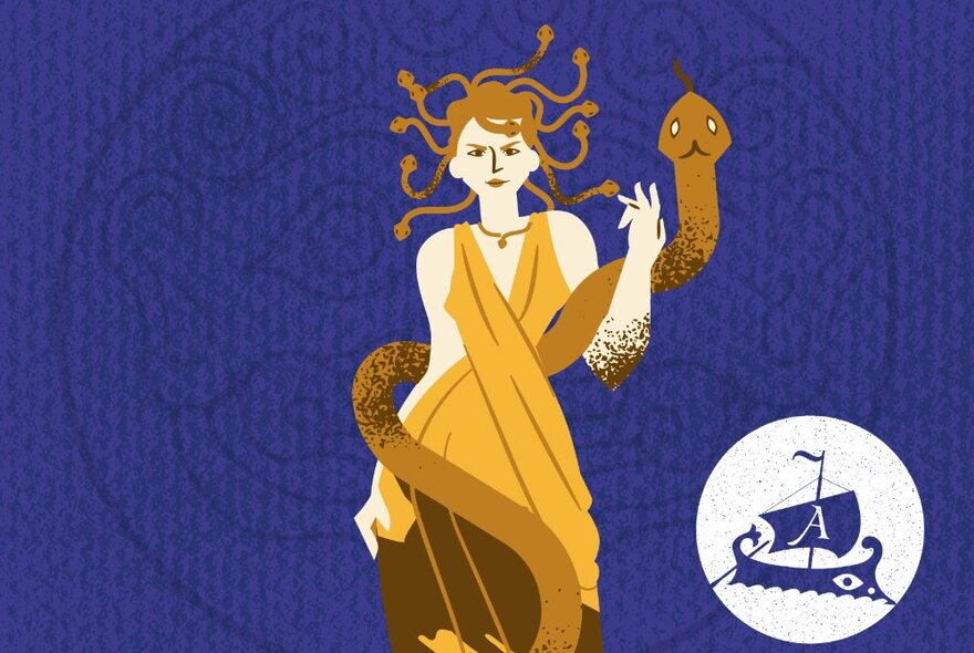 A cartoonish illustration of Medusa with a large snake wrapped around her body, an inset image of an ancient ship in full sale in the right bottom corner. 