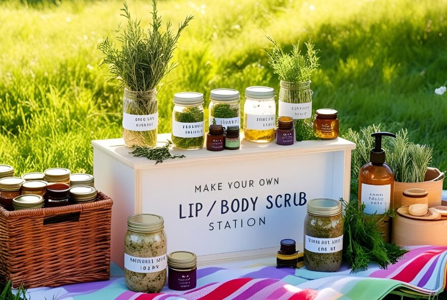 A DIY lip and body scrub station set up on the grass in a park.