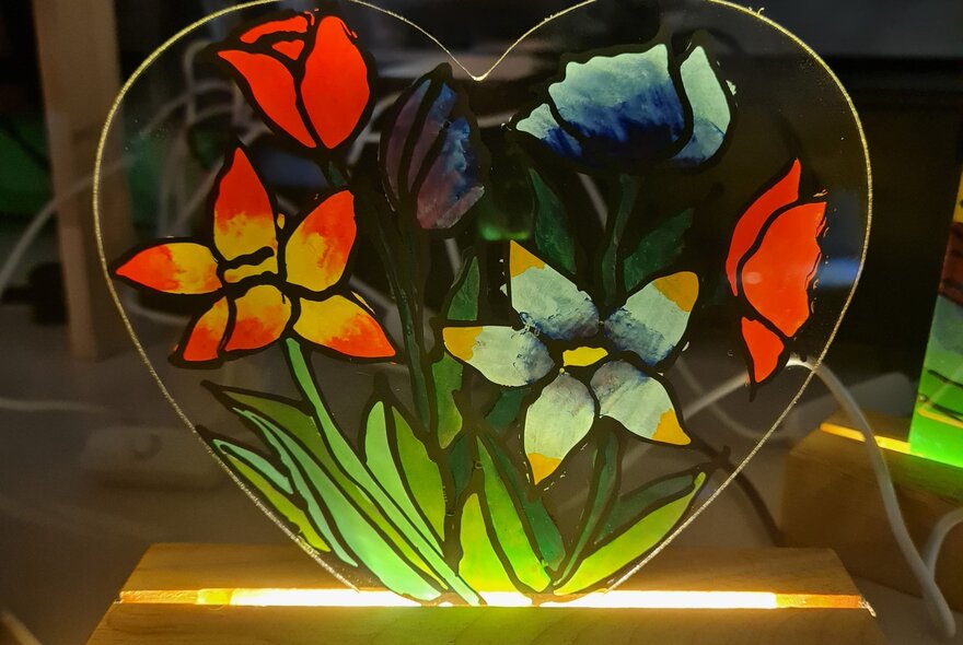 A hand painted glass lamp in the shape of a heart with flowers.