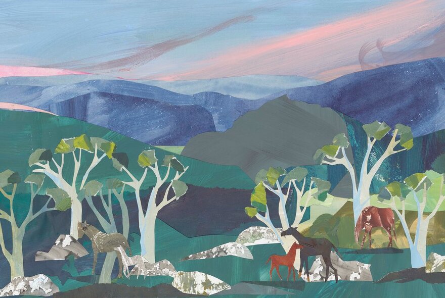 A collage artwork of a landscape featuring trees and horses, with mountains and sky in the background.