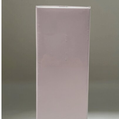 A pale purple rectangular shaped stand in a room.