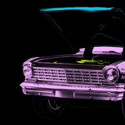 Front view of a pink and purple stylized Chevrolet with its engine bonnet open, set against a solid black background.
