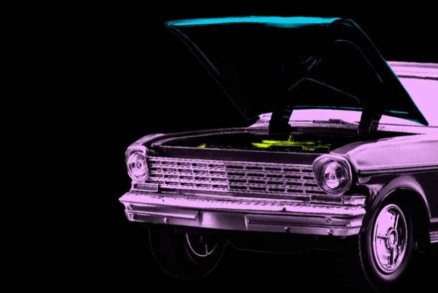 Front view of a pink and purple stylized Chevrolet with its engine bonnet open, set against a solid black background.