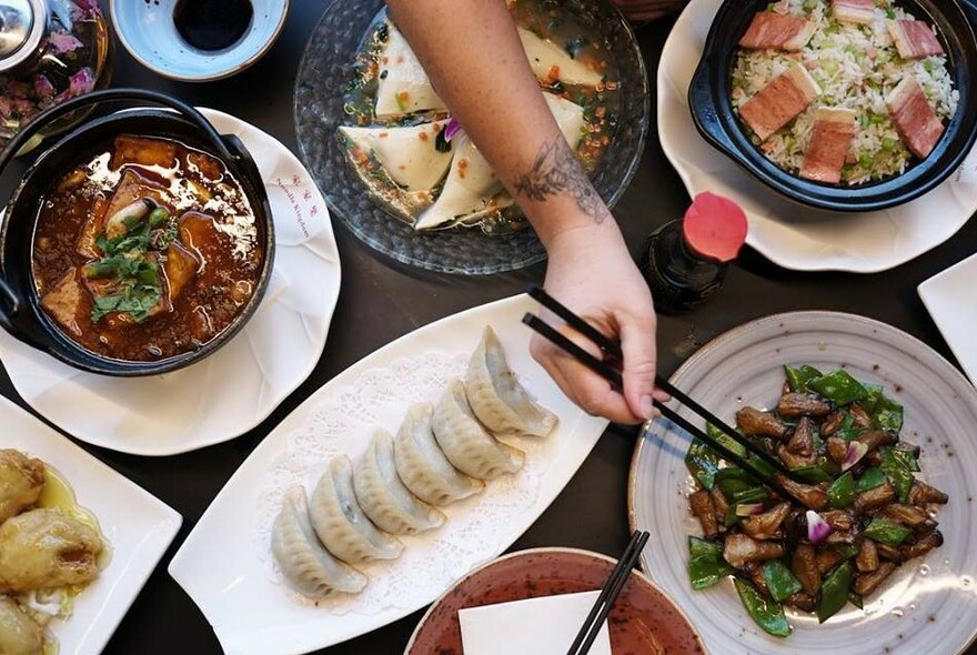 Hand with chopsticks selecting from array of dishes including dumplings, curry and stir-fries.