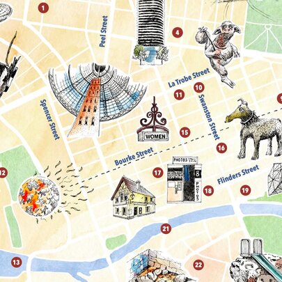Detail of a map of Melbourne with numbered highlights.