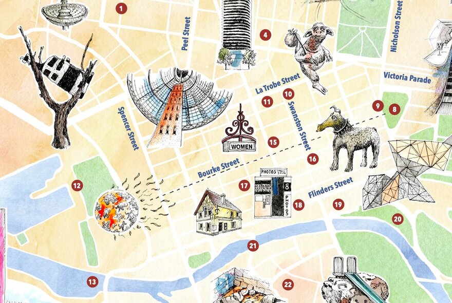 Detail of a map of Melbourne with numbered highlights.
