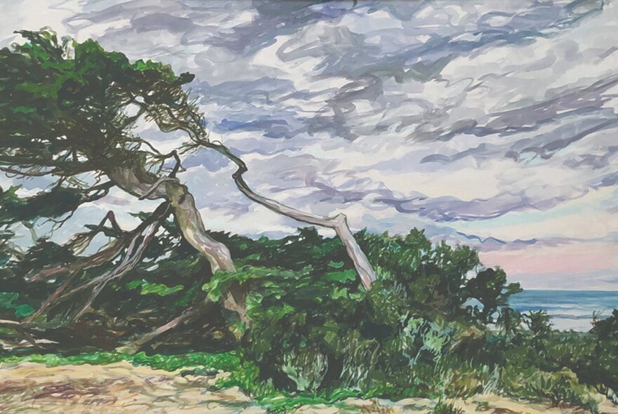 Oil painting of windswept coastal trees with menacing clouds in the sky. 