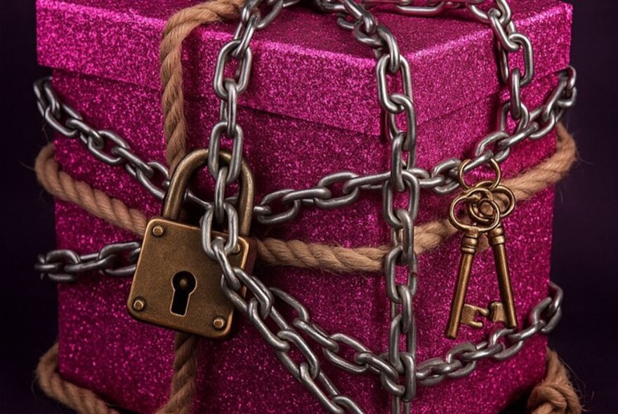 A hot pink box completely covered in ropes and chains with a large padlock. 