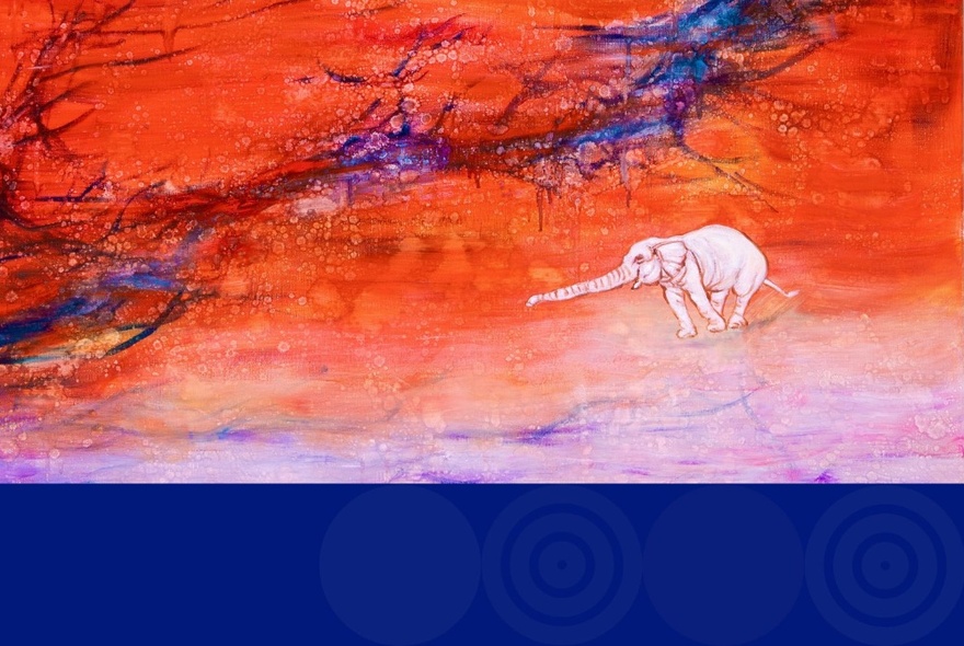 Artwork featuring an elephant with a long trunk extended in a fiery, crackled background with a solid, thick, blue line across the bottom of the picture. 