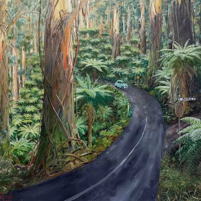 An oil painting of the Australian sub-tropical rainforest with a small blue car driving on a black road curving through the middle.