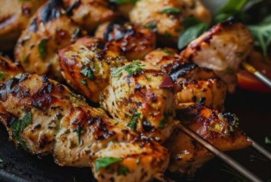 Close-up of a plate of grilled skewers.