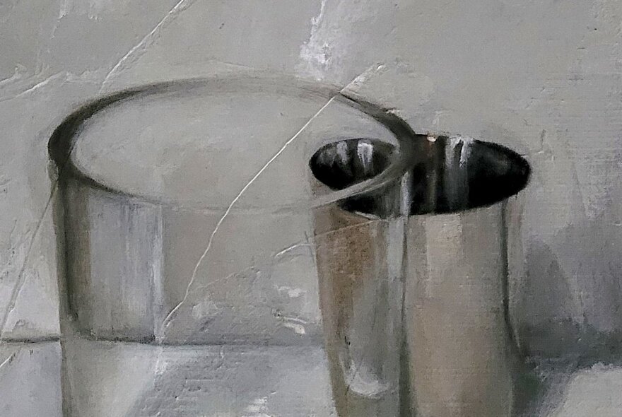 Still life oil painting of a glass jar and a metal cup. 