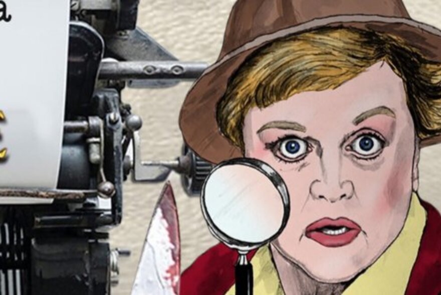 An illustration of character, Jessica Fletcher, from British series, Murder, She Wrote, holding a magnifying glass and looking at a bloodied knife.